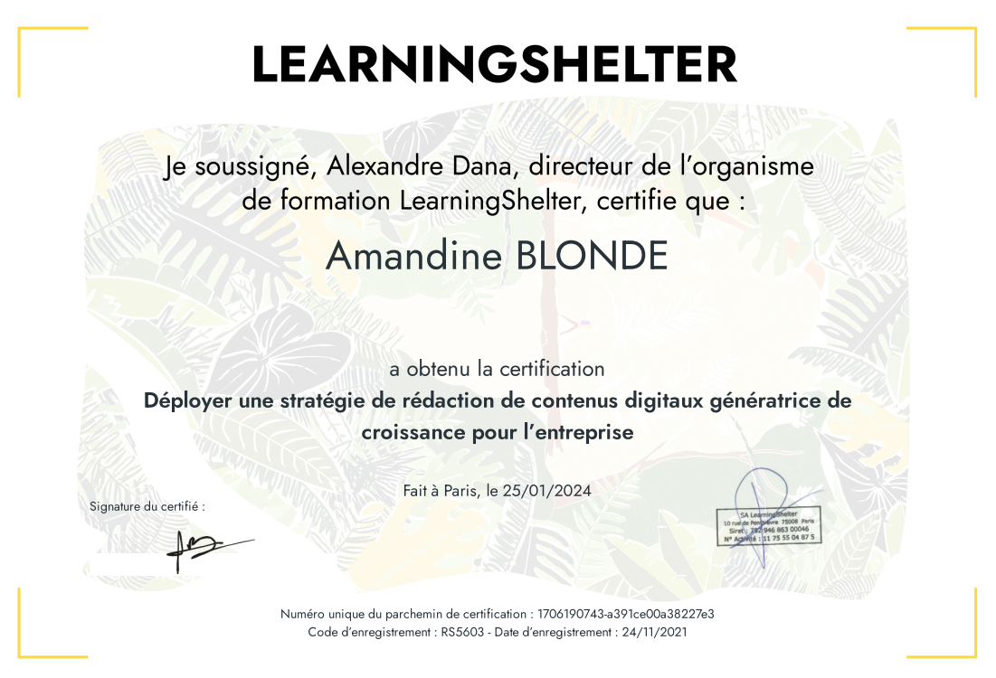 Certificat de réussite en copywriting délivré à [Votre Nom] par LiveMentor, attestant des compétences avancées en rédaction persuasive et création de contenu engageant.