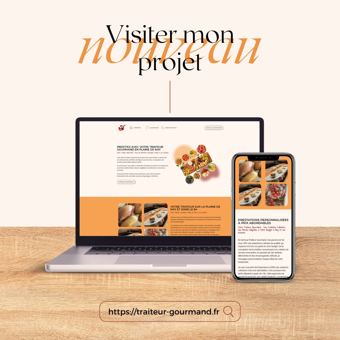 Visuel promotionnel du site Traiteur Gourmand montrant une présentation du site web sur un ordinateur portable et un smartphone, mettant en avant des plats conviviaux et locaux du Béarn, avec un appel à visiter le nouveau projet en ligne.